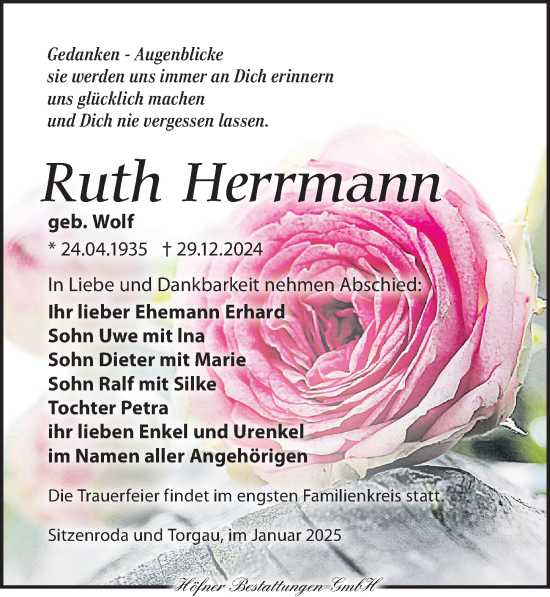 Traueranzeige von Ruth Herrmann von Torgauer Zeitung