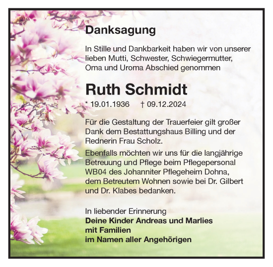 Traueranzeige von Ruth Schmidt von Sächsische Zeitung