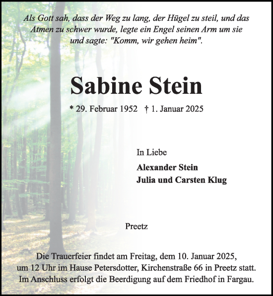 Traueranzeige von Sabine Stein von Kieler Nachrichten