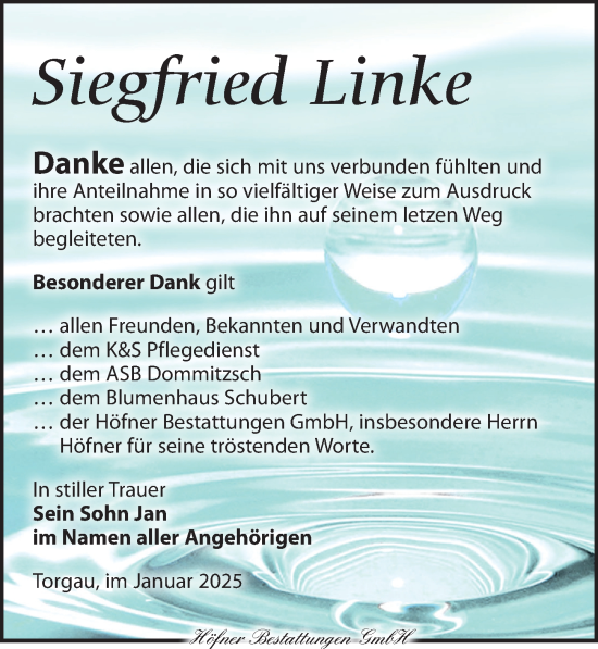 Traueranzeige von Siegfried Linke von Torgauer Zeitung