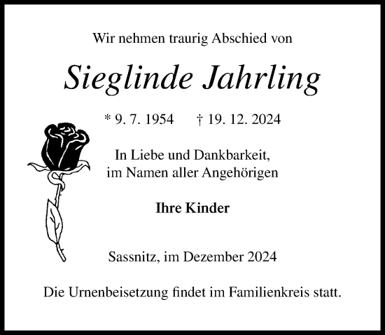 Traueranzeige von Sieglinde Jahrling von Ostsee-Zeitung GmbH
