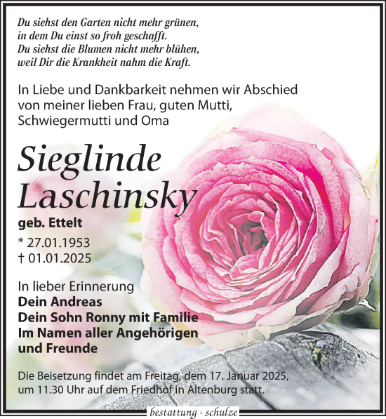 Traueranzeige von Sieglinde Laschinsky von Leipziger Volkszeitung