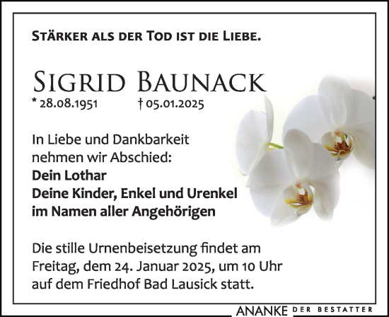 Traueranzeige von Sigrid Baunack von Leipziger Volkszeitung