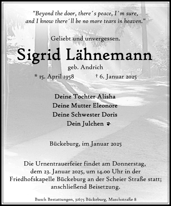 Traueranzeige von Sigrid Lähnemann von Schaumburger Nachrichten