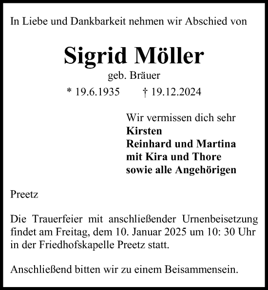 Traueranzeige von Sigrid Möller von Kieler Nachrichten