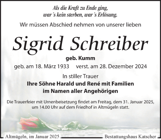 Traueranzeige von Sigrid Schreiber von Leipziger Volkszeitung