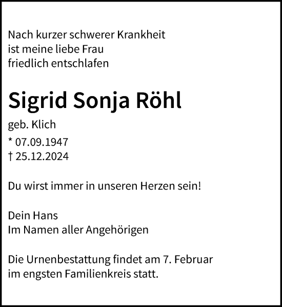 Traueranzeige von Sigrid Sonja Röhl von Märkischen Allgemeine Zeitung