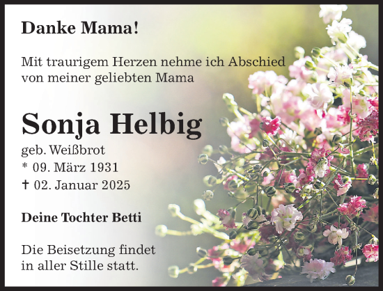 Traueranzeige von Sonja Helbig von Sächsische Zeitung