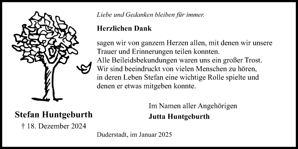  Traueranzeige für Stefan Huntgeburth vom 18.01.2025 aus Eichsfelder Tageblatt