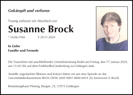 Traueranzeige von Susanne Brock von Göttinger Tageblatt