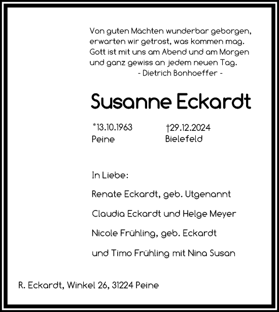 Traueranzeige von Susanne Eckardt von Peiner Allgemeine Zeitung