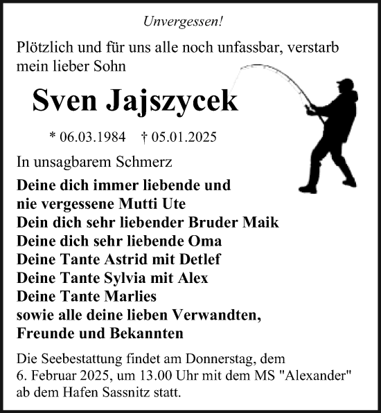Traueranzeige von Sven Jajszycek von Ostsee-Zeitung GmbH