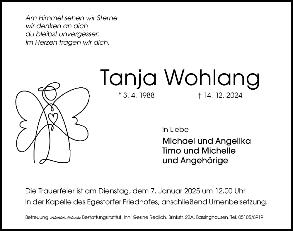  Traueranzeige für Tanja Wohlang vom 04.01.2025 aus Hannoversche Allgemeine Zeitung/Neue Presse