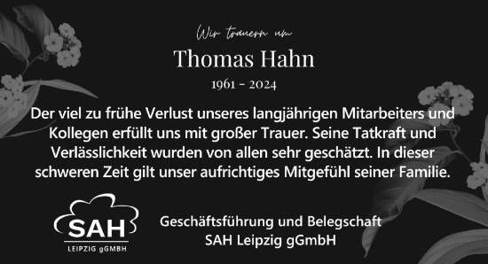 Traueranzeige von Thomas Hahn von Leipziger Volkszeitung