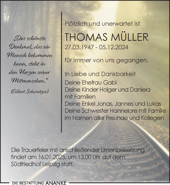 Traueranzeige von Thomas Müller von Leipziger Volkszeitung