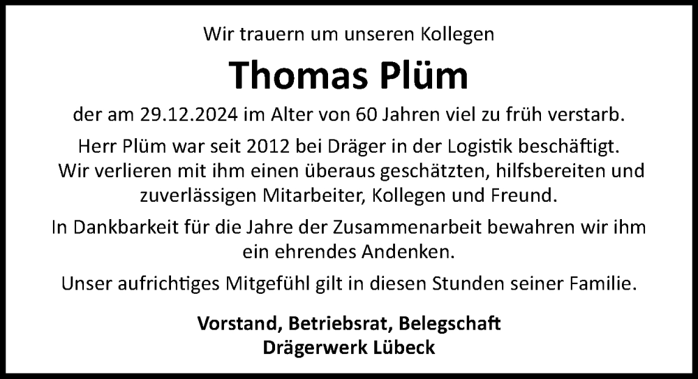  Traueranzeige für Thomas Plüm vom 05.01.2025 aus Lübecker Nachrichten