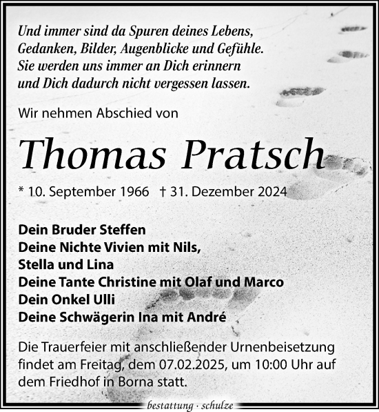 Traueranzeige von Thomas Pratsch von Leipziger Volkszeitung