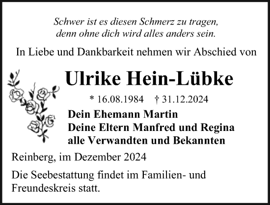 Traueranzeige von Ulrike Hein-Lübke von Ostsee-Zeitung GmbH