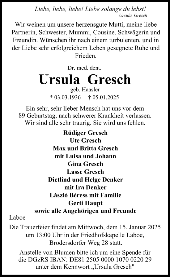 Traueranzeige von Ursula Gresch von Kieler Nachrichten