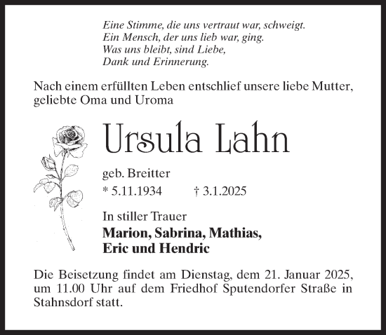 Traueranzeige von Ursula Lahn von Märkischen Allgemeine Zeitung