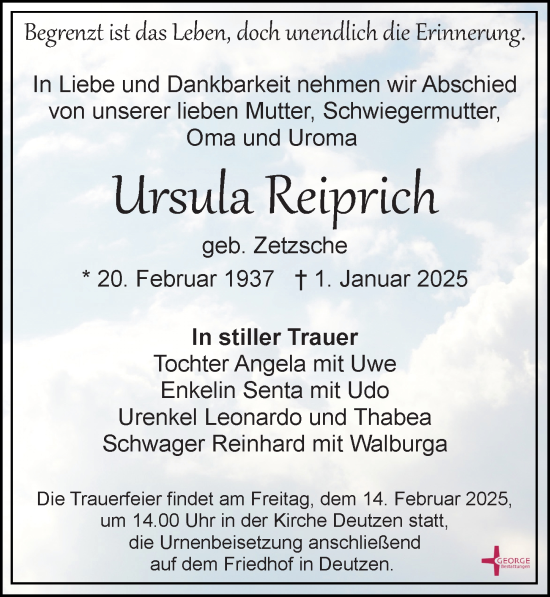 Traueranzeige von Ursula Reiprich von Leipziger Volkszeitung