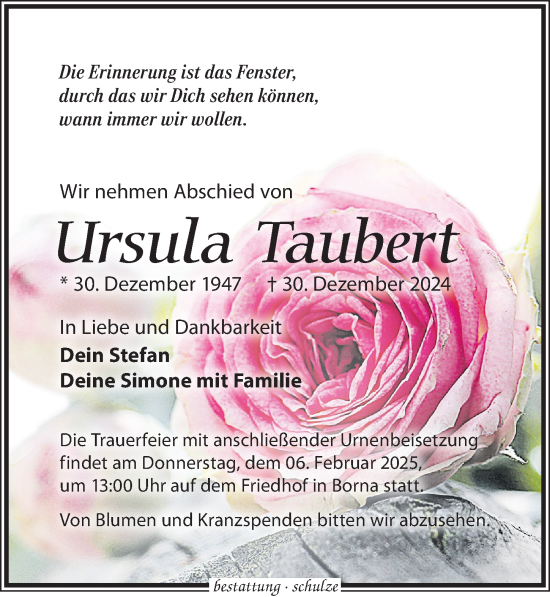 Traueranzeige von Ursula Taubert von Leipziger Volkszeitung