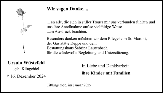 Traueranzeige von Ursula Wüstefeld von Eichsfelder Tageblatt