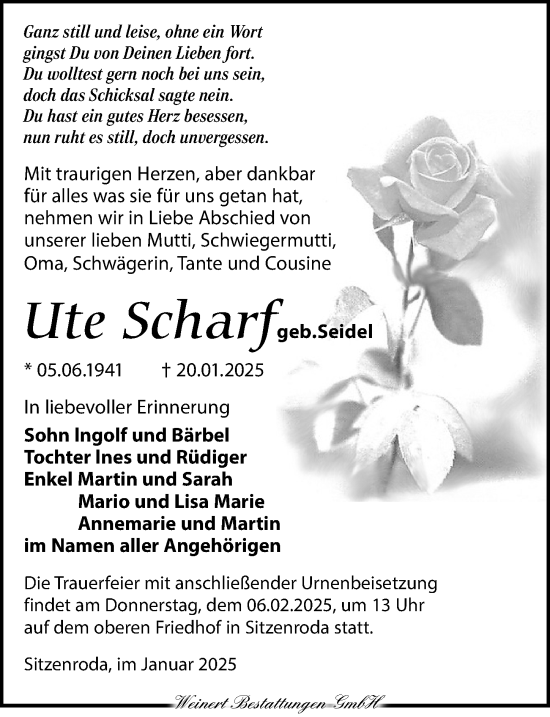 Traueranzeige von Ute Scharf von Leipziger Volkszeitung