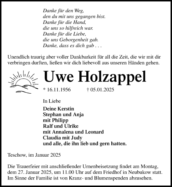 Traueranzeige von Uwe Holzappel von Ostsee-Zeitung GmbH