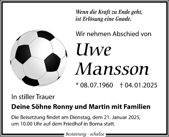 Traueranzeige von Uwe Mansson von Leipziger Volkszeitung