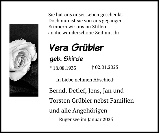 Traueranzeige von Vera Grübler von Märkischen Allgemeine Zeitung