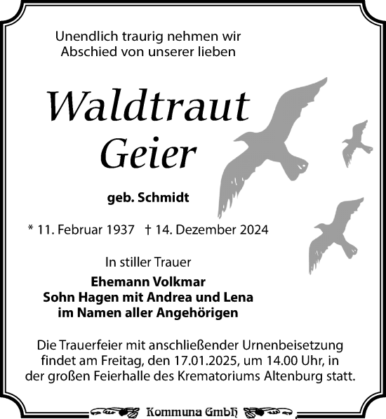 Traueranzeige von Waldtraut Geier von Leipziger Volkszeitung