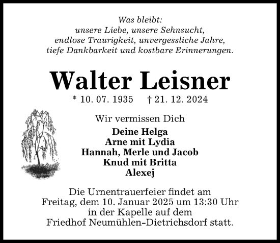 Traueranzeige von Walter Leisner von Kieler Nachrichten