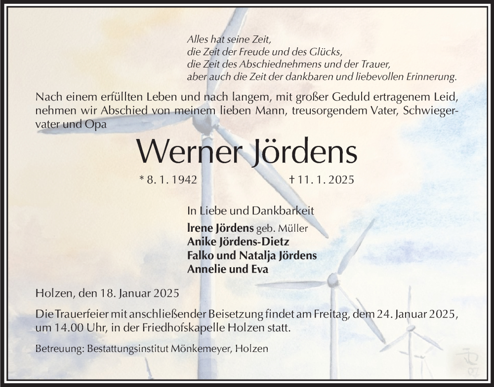  Traueranzeige für Werner Jördens vom 18.01.2025 aus Täglicher Anzeiger Holzminden