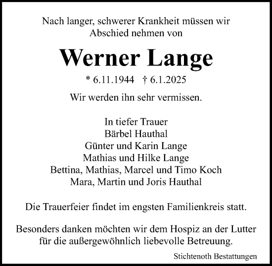 Traueranzeige von Werner Lange von Göttinger Tageblatt