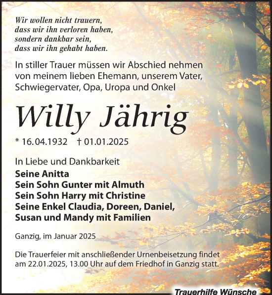 Traueranzeige von Willy Jährig von Leipziger Volkszeitung