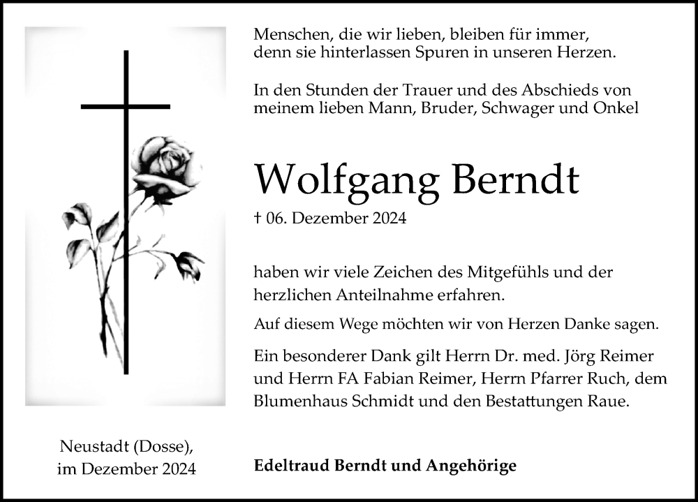  Traueranzeige für Wolfgang Berndt vom 04.01.2025 aus Wochenspiegel