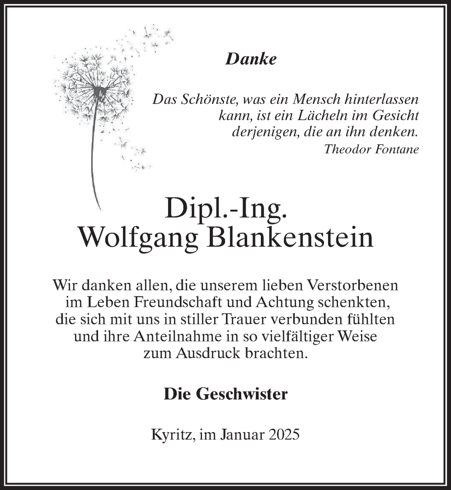  Traueranzeige für Wolfgang Blankenstein vom 25.01.2025 aus Wochenspiegel