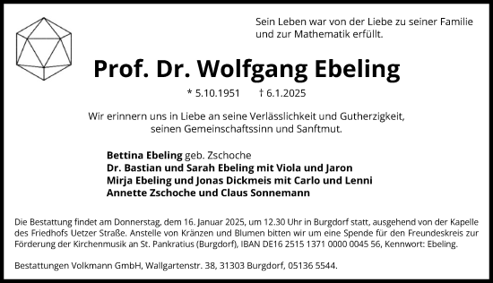 Traueranzeige von Wolfgang Ebeling von Hannoversche Allgemeine Zeitung/Neue Presse