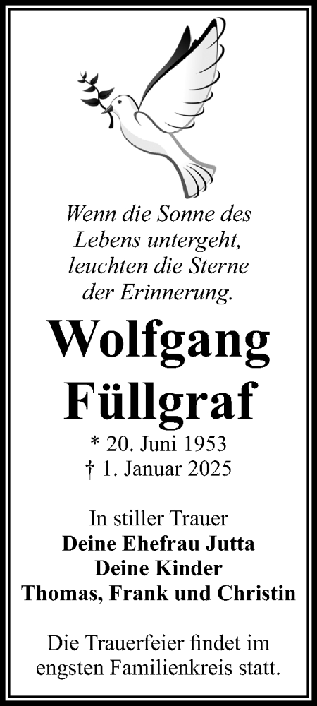  Traueranzeige für Wolfgang Füllgraf vom 11.01.2025 aus Wochenspiegel