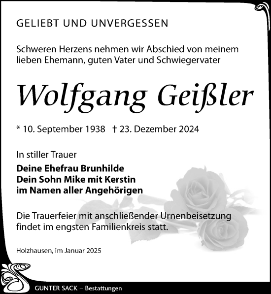 Traueranzeige von Wolfgang Geißler von Leipziger Volkszeitung