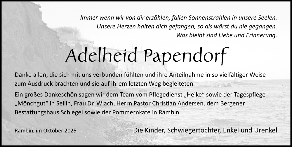  Traueranzeige für Adelheid Papendorf vom 11.10.2025 aus Ostsee-Zeitung GmbH