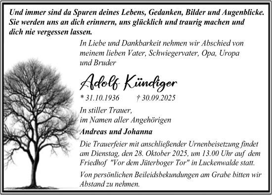 Traueranzeige von Adolf Kündiger von Märkischen Allgemeine Zeitung