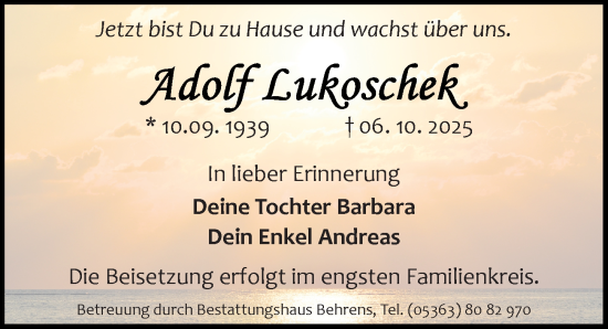 Traueranzeige von Adolf Lukoschek von Aller Zeitung