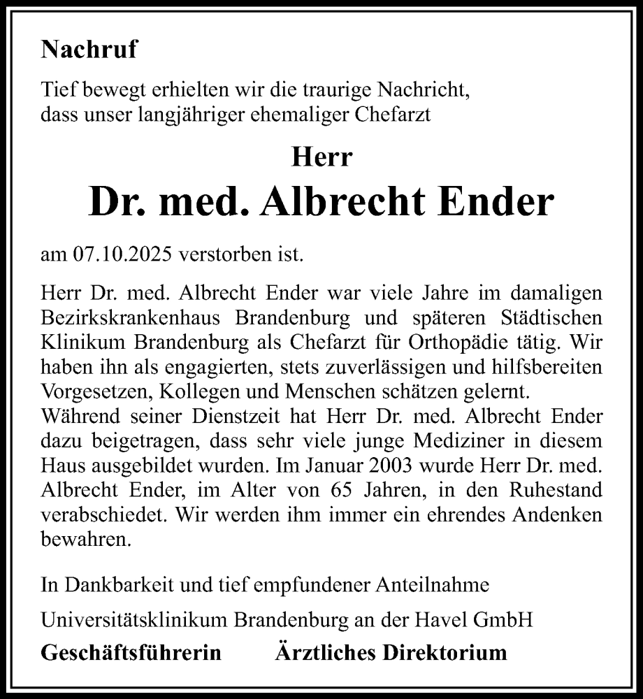  Traueranzeige für Dr. Albrecht Ender vom 18.10.2025 aus Märkischen Allgemeine Zeitung