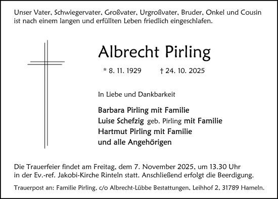 Traueranzeige von Albrecht Pirling von Schaumburger Nachrichten und Schaumburger Zeitung/ Landes-Zeitung