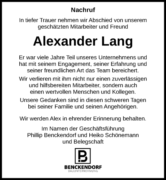 Traueranzeige von Alexander Lang von Peiner Allgemeine Zeitung