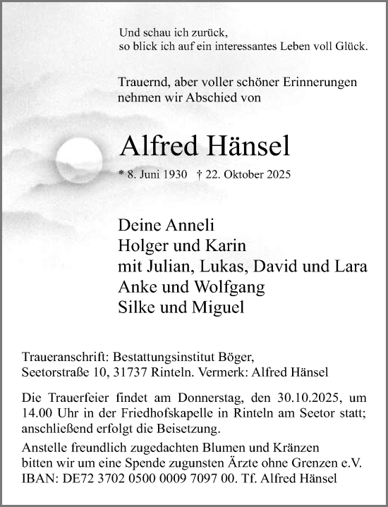 Traueranzeige von Alfred Hänsel von Schaumburger Nachrichten und Schaumburger Zeitung/ Landes-Zeitung