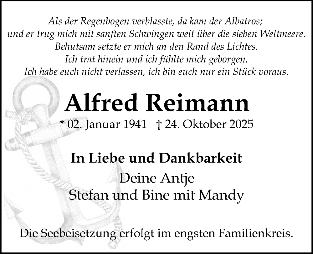  Traueranzeige für Alfred Reimann vom 01.11.2025 aus Kieler Nachrichten