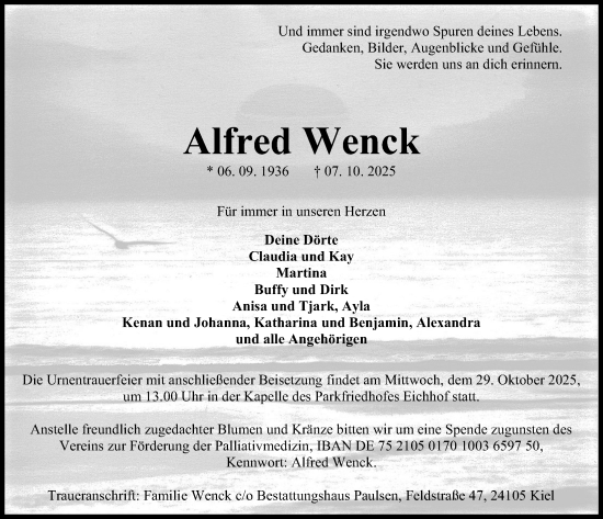 Traueranzeige von Alfred Wenck von Kieler Nachrichten